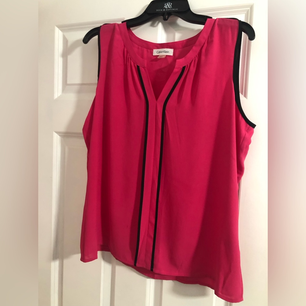 Calvin Klein Hot Pink Sleeveless Pleat Front Camisole with Black Trim